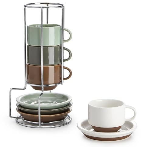 Sweese 2.5 Ounce Espresso Cups Set of 4, Porcelain Stackable Coffee Cups with Saucers and Metal Stand, Multicolor