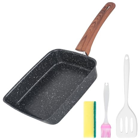 DMJJSD® Tamagoyaki Poêle à œufs à induction japonaise avec spatule en silicone, pinceau, éponge Revêtement anti-adhésif pour tous les types de cuisinières, four 19 x 16 cm