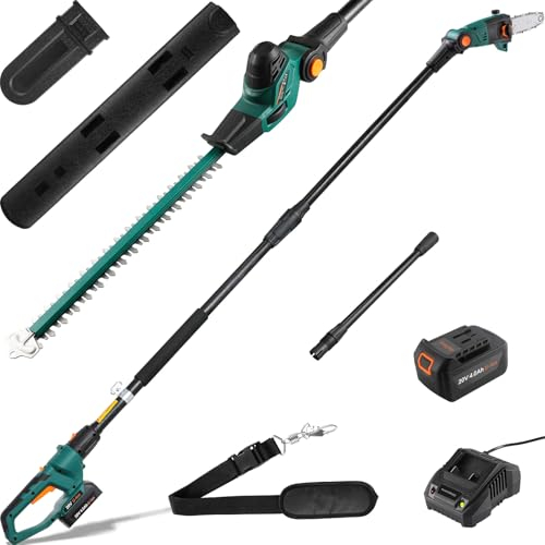 2 in 1 Combo Set, 45cm Tagliasiepi Telescopico a Batteria, 24cm Potatore Elettrico, Batteria 20V 4Ah e Caricabatterie, Testa Inclinabile, incl. Tracolla Regolabile, Fino a 4M