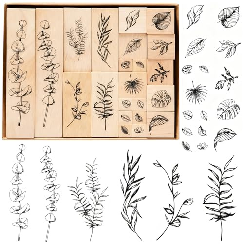 22 Stück Holzstempel mit Gras und Laub - Naturpflanzen DIY Motivstempel | Blumen Stempel Set für Scrapbooks Tagebücher DIY Karten & Beschriften - Nicht wiederholendes Naturpflanzen Motivstempel