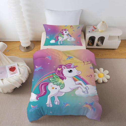 DJDEA Unicorn Cot Bed Duvet Cover Set 120x150cm, Toddler Bedding Set Rainbow Background for Girls Children Duvet Cover Set Microfiber Quilt Cover Matching Pillowcase 40x60cm