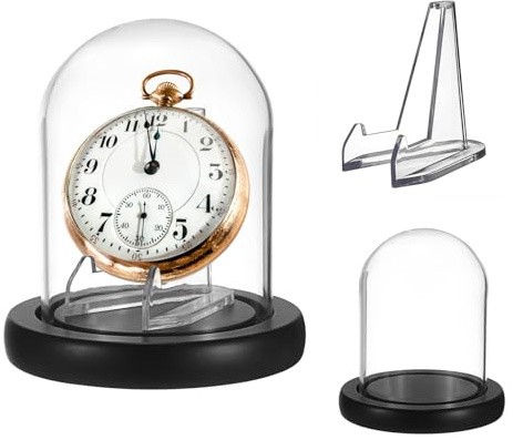 JUXYES Clear Watch Glass Display Dome Cloche with Display Stand, Clear Terrarium Jar Cloche Bell with Wooden Base, Glass Display Dome for Pocket Watches Medals Coins Ornaments