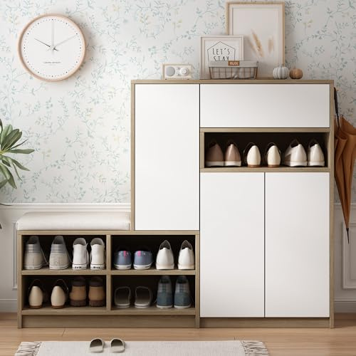 KecDuey Zapatero de almacenamiento de zapatos multifuncional con asiento acolchado, solución versátil para almacenamiento de zapatos con estantes ajustables para el pasillo, color blanco