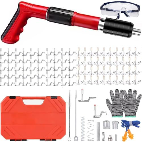 Nagelpistole,Beton Nagelpistole,Tragbare Manuelle Schalldämpfer Wand Nagelpistole,Nail Gun 50 Rohrschellennägel und 50 Hakennägel(7.3mm),5 Gänge Verstellbare,mit Werkzeugsatz für Deckenwandanker(Rot)