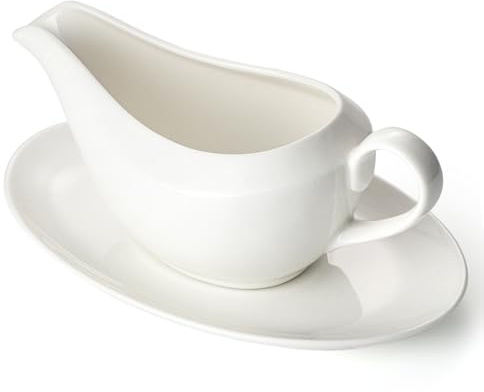 Gravy Boat with Saucer, 14oz Ceramic Gravy Bowl Sauce Boat with Tray for Broth, Salad Dressings, Cream, Milk and Black Pepper (white, Large)