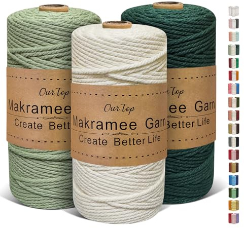 OurTop Premium makramégarn, set om 3, 3 mm x 160 m, makramésnöre, makramésnöre, garn för gör-det-själv-hantverk, vävning, dekoration, hängande växtväxt hängare (natur, ljusgrön, mörkgrön)