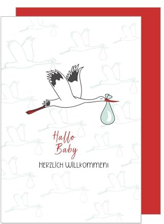 Edition Seidel Premium Glückwunschkarte zur Geburt mit Umschlag. Karte Grußkarte Babykarte Billet Hallo Baby Junge Mädchen Storch Herzlich Willkommen (E295 SW025)