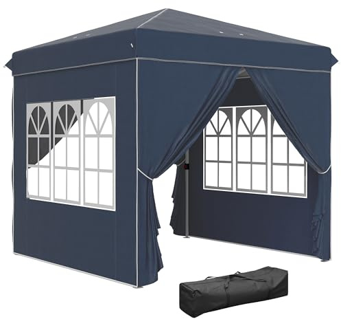 Outsunny Tonnelle pop-up 2,5 x 2,5 m, imperméable, stable, résistante à l'hiver, protection UV 50+, pliable, avec 4 panneaux latéraux, poche, pour camping, jardin, bleu foncé
