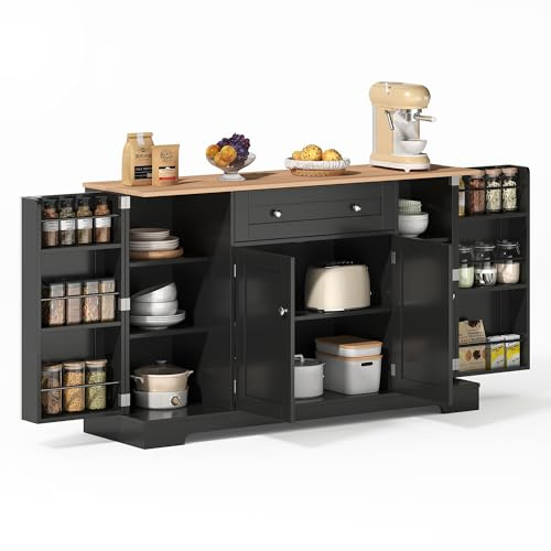 Azkoeesy Küchenschrank 138x40x85 cm, Multifunktionales Küchenbuffet Sideboard mit Türregalen, verstellbare Regale, 4 Türen & Schublade, Holzplatte, für Küche, Wohnzimmer & Schlafzimmer, Schwarz