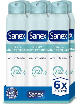 Desodorante Anti-transpirante Sanex Dermo Active Freshness Spray Pack 6 x 200ml | Hasta 72h de protección contra el sudor y el olor | Protección antimanchas | Restaura el pH natural de la piel