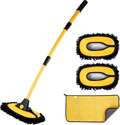 RHAIQBVC Cepillo de lavado de coche con mango telescópico, trapeador curvado de 15° con 1 cabezal de repuesto, 1 paño de limpieza, kit de limpieza de microfibra de chenilla, cepillo de lavado de coche