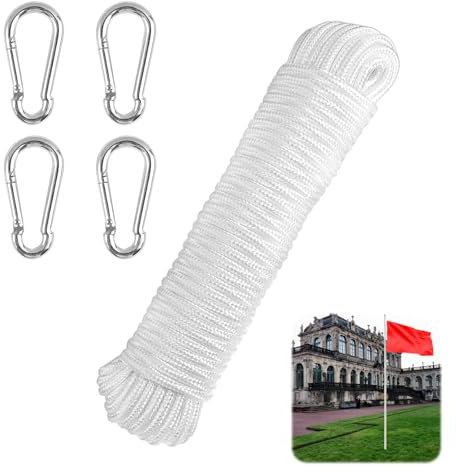20 m Fahnenmast Seil, 6 mm Dickes Outdoor-Nylon Geflochtenem Seil mit 4 Haken, Wetterfest und Reißfest Outdoor Hängeseil, Verwendet für Camping Segelboot Gartenschaukel Hängematte Wäscheleine