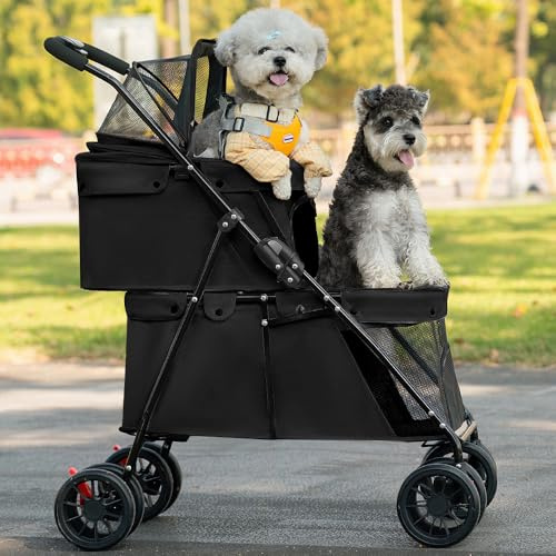 Cochecito doble capa para perro gato animal - Mascotas de viaje - Carrito plegable para perro gato de cuatro ruedas - Cochecito Jogger - Cochecito Buggy- 67 x 50 x 95 cm - Negro