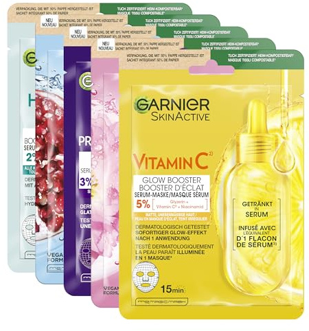 Garnier SkinActive Tuchmasken Set, Tuchmasken für das Gesicht, Feuchtigkeitsspendende Gesichtsmasken, Erfrischend, Revitalisierend, Glättend, Sanft strahlend, Glow boostend, 5 Stück