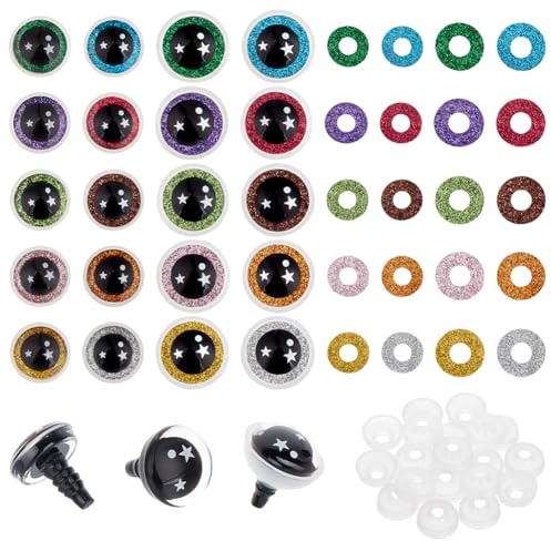 PH PandaHall 60 Stück Glitzer Sicherheitsaugen 10 Farben Kunststoffaugen 2 Größen Regenbogen Häkelfüllaugen Stern Auge für Dekoration Häkeltierherstellung, 16/18mm