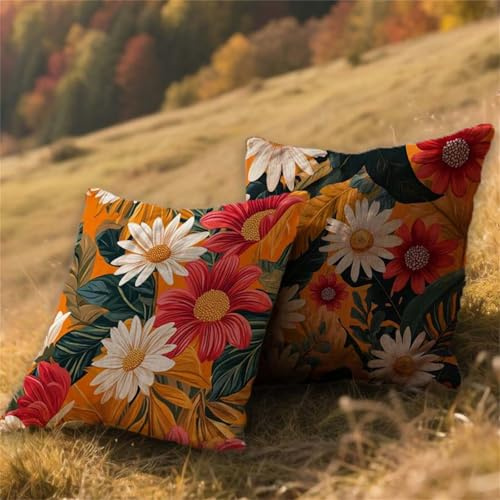 Outdoor Kissen Wetterfest Gebranntes Orange Kissenbezug 35x35cm Sofakissen Blume Dekokissen 2er Set Groß Kissenhüllen Leinen Doppelseitiger Druck Quadratische Pillow Case,Herbst Garten Deko AU-1029