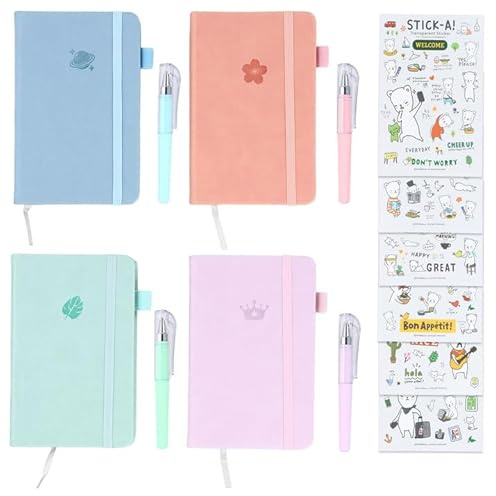 Aohyue 4 Pièces Carnet de Notes de Poche A6, Petit Carnet de Poche Coloré avec 6 Autocollants D'ours, Mini Carnet pour Enfants et Adultes avec 4 Stylos en Gel de Couleur Macaron