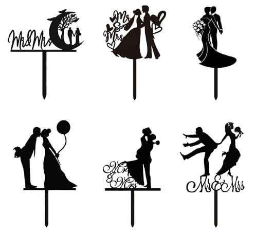 6 Stück Mr Mrs Cake Topper Braut und Bräutigam Hochzeitstorten Dekoration Brautpaar Silhouetten Topper​​ Acryl Kuchendekorationen für Hochzeit Heiratsantrag Jahrestag Valentinstag