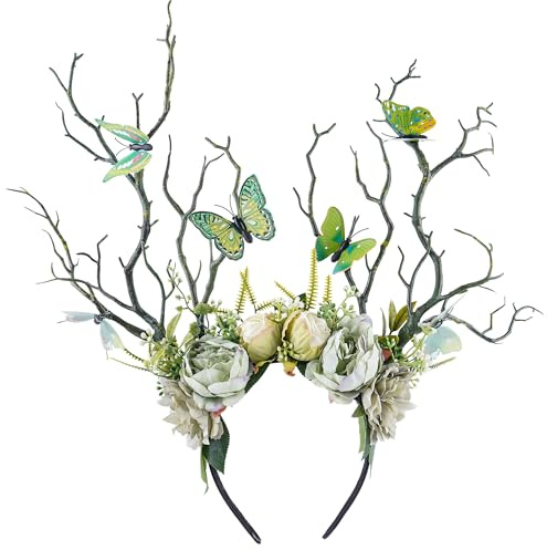 MOSTORY Geweih Haarreif für Waldfee Kostüme Damen, Waldbaumzweig Antlers Kopfschmuck für Renaissance Karneval