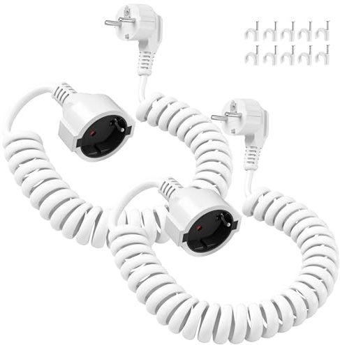 Verlängerungskabel 2m, 2 Struck Spiralverlängerung 0,6 m auf 2m Spiralkabel Verlängerung（250V/16A）mit Schuko Stecker & Kupplung für Zuhause, Außenbereich,weiß