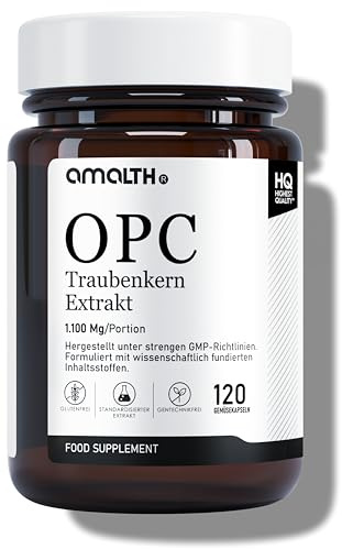 Amalth OPC Traubenkernextrakt Kapseln hochdosiert – 1100 mg pro Tagesportion mit 990 mg aus Weintrauben – 120 vegane Kapseln – Standardisierter Traubenkern Extrakt, Laborgeprüft, GMP Qualität