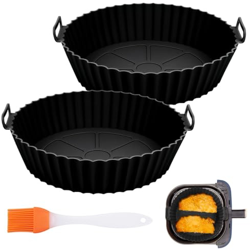 2 Pezzi Molde Silicona Freidora De Aire, 20cm Redondo Recipiente Air Fryer | Molde Silicona Air Fryer, Reutilizable, Compatible con la Mayoría de las Freidoras sin Aceite (Negro, Capacidad: 3.8-5L)