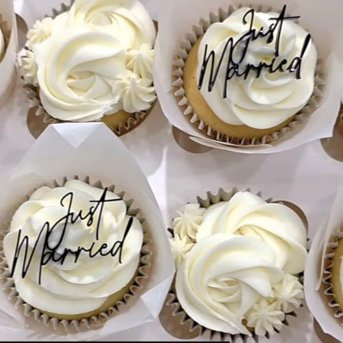 Pack of 10 Just Married Cupcake Toppers – Black Acrylic Wedding Cupcake Decorations – Elegant Script Cake Picks for Wedding & Engagement Celebrations