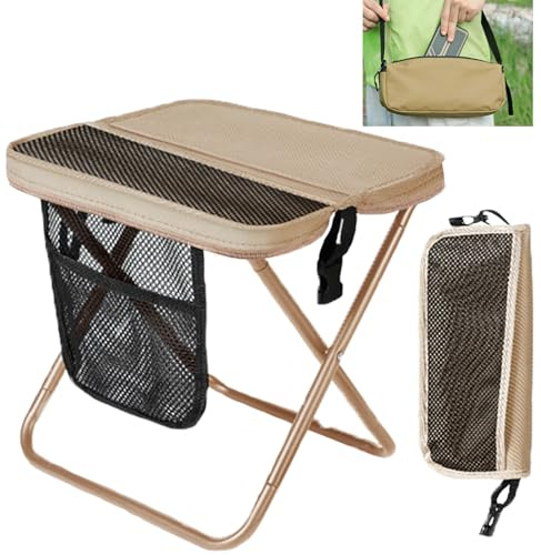 Wenbones Sgabello da campeggio pieghevole, piccolo sgabello pieghevole, tasca laterale per la conservazione, sgabello pieghevole con zaino, può contenere fino a 120 kg, per escursioni, pesca (Beige)