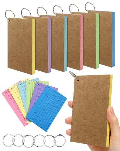 300PCS Flash Cards, 3x5 Inches, Coloured Lined Index Cards Revision Cue Cards, Flashcards with Kraft Paper Cover, Metal Binder Ring for Study, Note-Taking, Recipe, Revision & Reminders