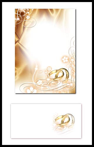 25 Blatt Briefpapier DIN A4 + 25 Stück Umschläge 5017 Hochzeit Ringe Heirat Motivpapier/Premium Briefumschläge DIN lang (110 X 220mm) mit Motiv bedruckt, Briefhüllen Kuvert, ohne Fenster, haftklebend
