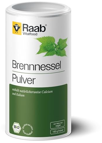 Raab Vitalfood Bio Brennnessel-Pulver mit natürlichem Calcium, Magnesium und Kalium, laborgeprüft, für Smoothies und Müsli, 160 g, Grün