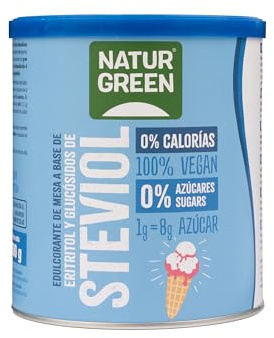 NaturGreen - Steviol, Edulcorante Natural, con Base de Eritritol, Sustitutivo del Azúcar, Orgánico, 100% Vegetal, Bajo Índice Glucémico