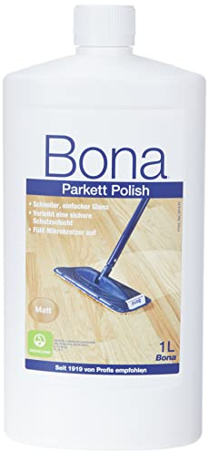 Bona Parkettreiniger Polish Matt 1 L, Parkett Politur, Holzboden Pflege | Parkettpflege für lackierte versiegelte Holzböden, Holzpolitur Bodenversiegelung, Holzboden Reiniger, Parkett Versiegelung