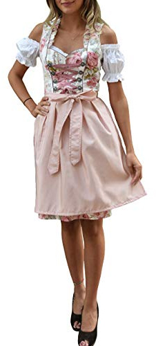 Golden Trachten Dirndl 3 TLG, Damen Midi Trachten-kleid für Oktoberfest, Rosa Grün geblümt, 514GT (36)