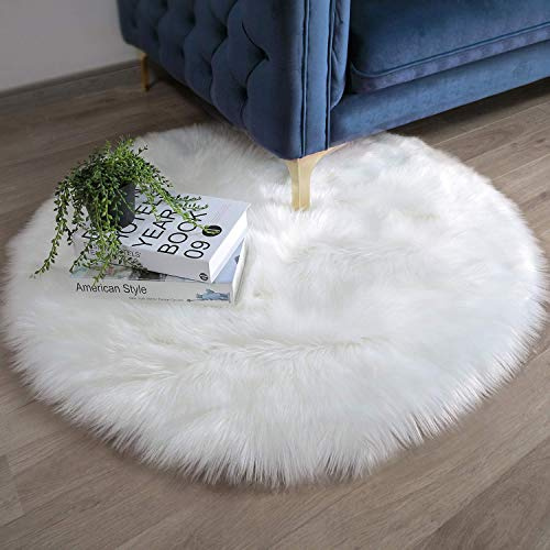 DQMEN Spitzenqualität Lammfellimitat Teppich, Kunstfell Dekofell Lammfellimitat Teppich Longhair Fell Nachahmung Wolle Bettvorleger Sofa Matte (Weiß, 90 X 90 cm)