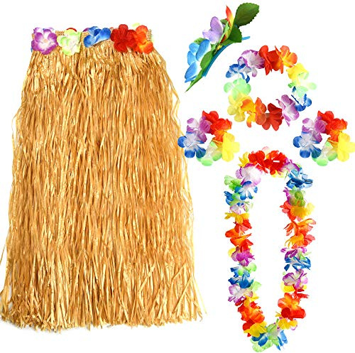 FEPITO Hawaii-Gras-Hula-Röcke-Sets enthalten Blumenleis, Halskette, Stirnband, Armbänder, Luau-Röcke für Kinder, Hawaii-Kostüm, tropisches Luau-Geburtstagsparty-Zubehör