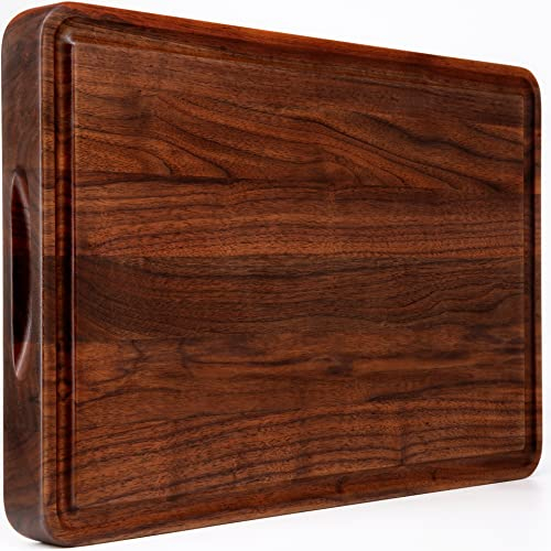 AZRHOM Grande planche à découper en bois de noyer, 45,7 x 30,5 cm, grandes planches à découper en bois avec rainure profonde pour jus et poignée latérale, bloc de boucher épais pour cuisine, viande