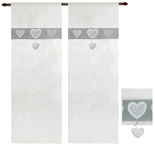 emmevi Tende Coppia Finestra Porta Interno Tessuto Lino Casa Shabby Chic Mod.Tenda CUORI 1 CONF 60X150 GRIGIA