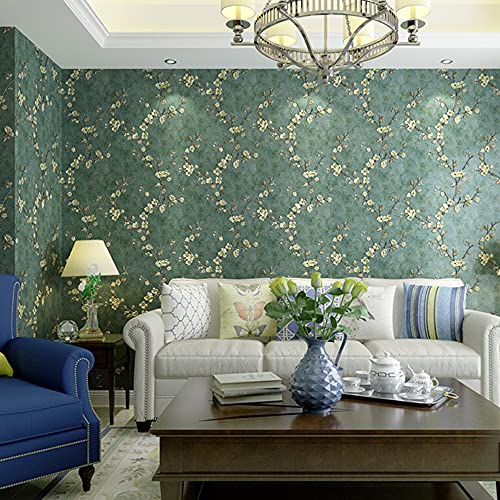 MEAIHOME American Country Non-Woven Wallpaper 3D Retro Pastoral Flower Tree AB Version with Bedroom Living Room Children's Room TV Background Wall 1.73'W x 32.8'L Non-Pasted (Dark Green A)