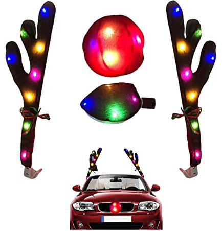 Christmas Car Decoration Set - Reindeer Antlers and Red Nose With LED Lights, Jingle Bells, Vehicle Decor Kit for Holiday Season