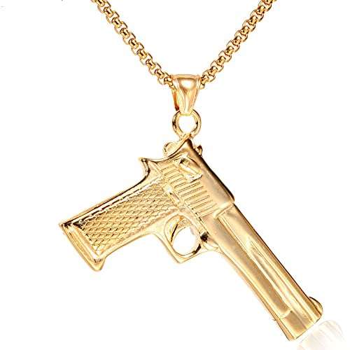 LOPEZ KENT Revolver Gun Gold Edelstahl Charm Pistole Anhänger Halskette,60cm