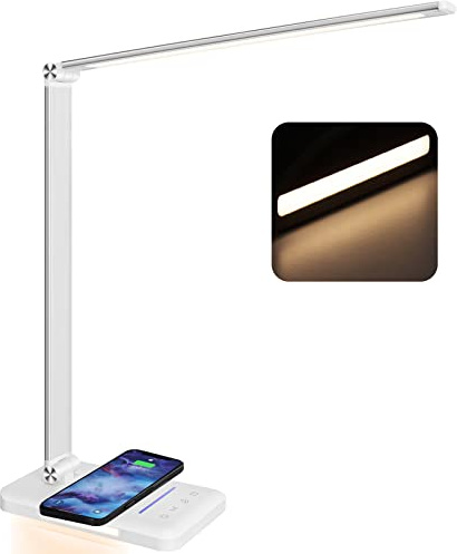 BIENSER LED Desk Lamp with Wireless Charging, Night Light, USB Charging Port, 10 Dimmable Brightness Levels, 5 Color Modes, Desk Lamps for Home Office, Touch Control, Auto Timer, 24W Adapter Included