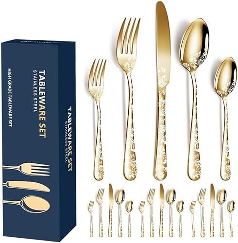 Aoresac Besteck-Set für 4 Personen, 20 Stück, aus Edelstahl, poliertes Muster, mit Blumenspiegel, inklusive Messer, Gabel für Küche, Restaurant, Party (Gold2)