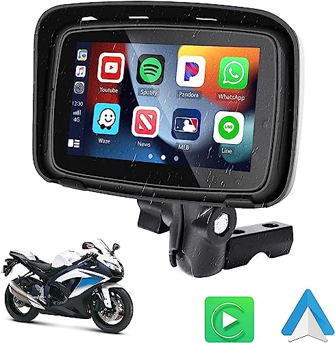 Hikity 12V-24V IPX7 Wasserdichter Motorrad Navigator Motorrad Monitor mit Wireless Carpaly Android Auto Bluetooth 5Zoll Touchscreen, Tragbarer Motorrad-Audio-Video-Musik-Player mit Montagehalterung