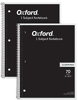 Oxford Spiral Notebook 2 Pack, 1 Subject School Pads, 3-Hole Punch, 5 x 5 Inch Graph Paper, 8-1/2 x 10-1/2 Inches, Black Covers, 70 Perforated Sheets (65214)