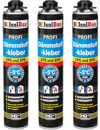 Isolbau B2 Dämmstoffkleber - 3 x 750 ml Perimeterkleber für EPS- & XPS-Platten - 1K PU-Klebeschaum für Dämmung und Isolieren