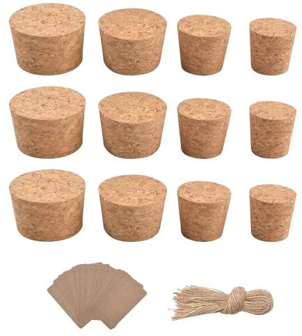 INCREWAY Korken aus weichem Naturkorken, 12 Stück, vier Größen, konisch, für Wein- und Bierflaschen, mit Zieranhänger und Schnur