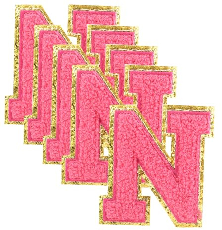 sourcing map 6 Stück glitzernde Buchstaben-Aufnäher, 8,4 cm, Chenille-Aufbügelflicken, Applikationsflicken für Kleidung, Hüte, Jeans, Schuhe, Taschen (Rosa, N)