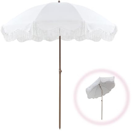 Zhixubah Weiß Partyschirm 200cm Strand Sonnenschirm Mit Fransen Neigbarer Gartenschirm Wasserdicht Tragbarer Hawaii Strandschirm Terrassenschirm Groß Tischschirm Sonnenschutz Für Pool Garten Outdoor