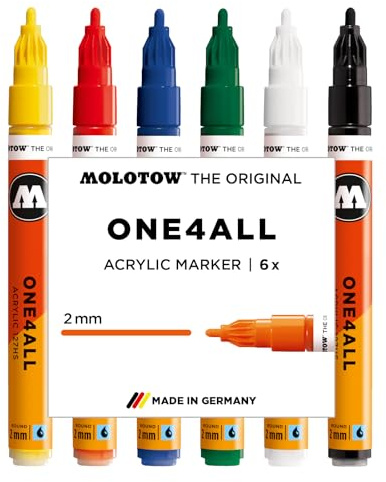 Molotow One4All 127HS Acrylic Marker Basic Set 1 (2.0 mm Line Width, High Coverage and Permanent, Quick Drying, Refillable, for Almost All Surfaces) Pack of 6 Assorted